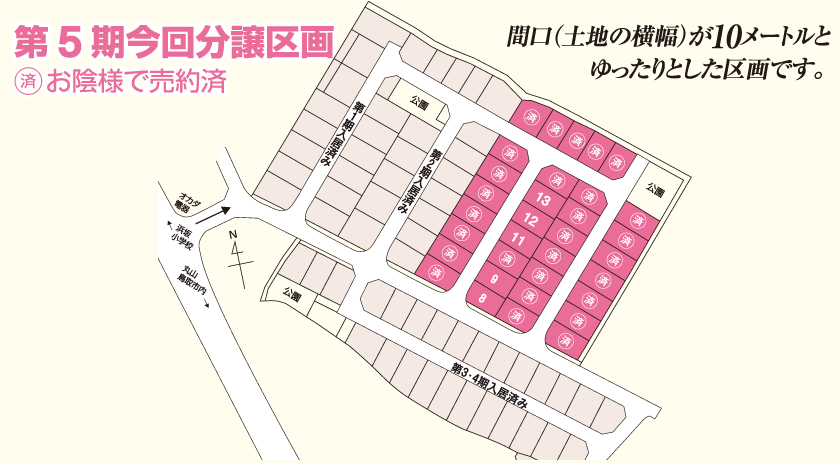 第5期今回分譲区画 間口（土地の横幅）が10メートルとゆったりとした区画です。